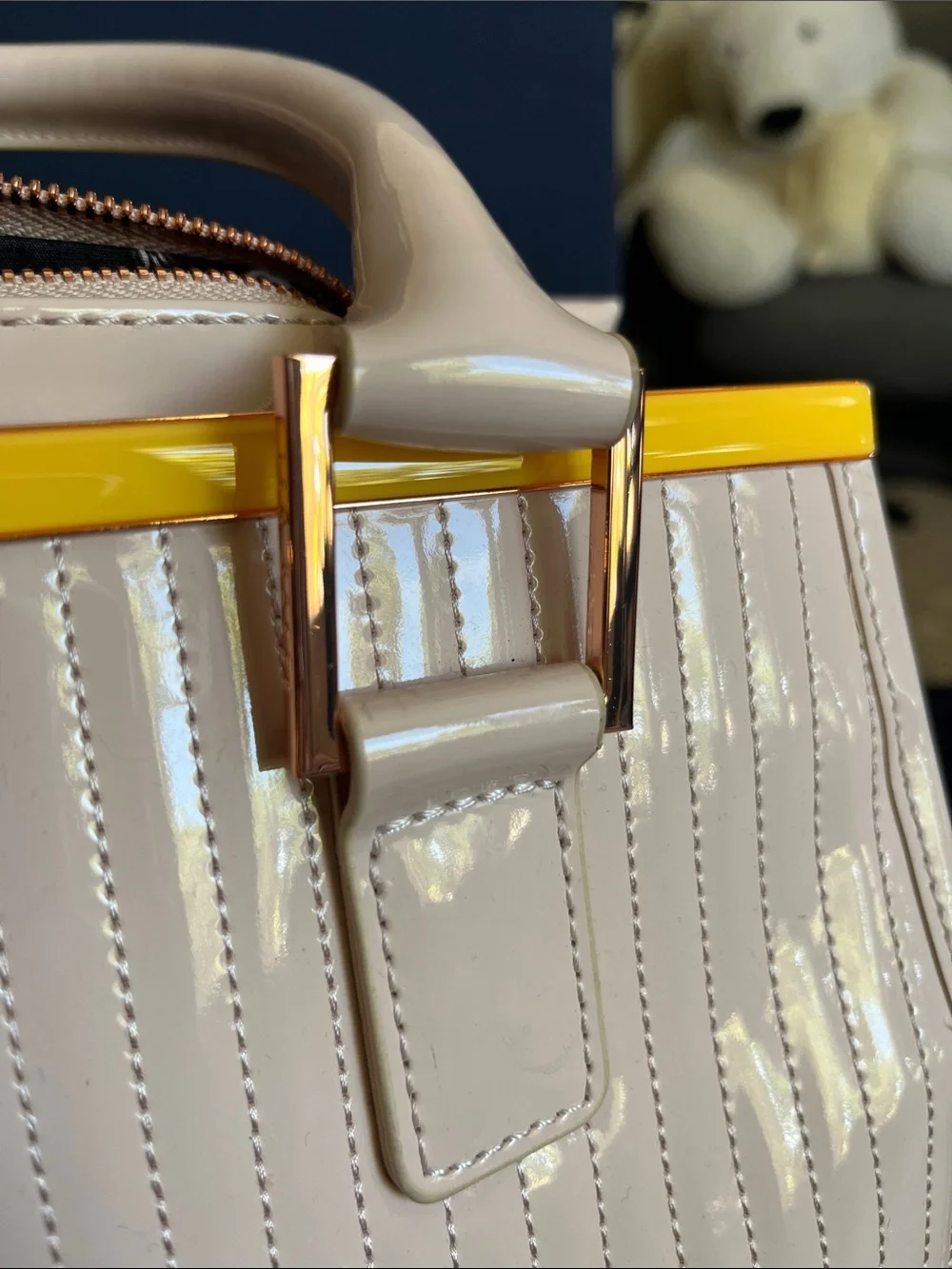 Ted Baker Cream Patent Leather Satchel with Yellow Trim